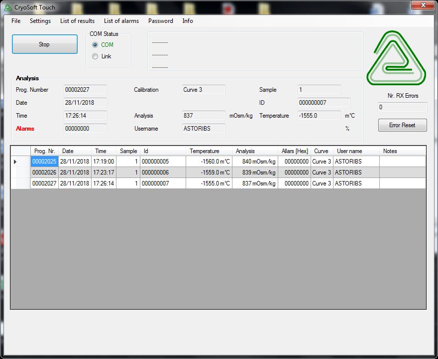 CryoSoft Touch data handling software for OsmoTouch osmometers